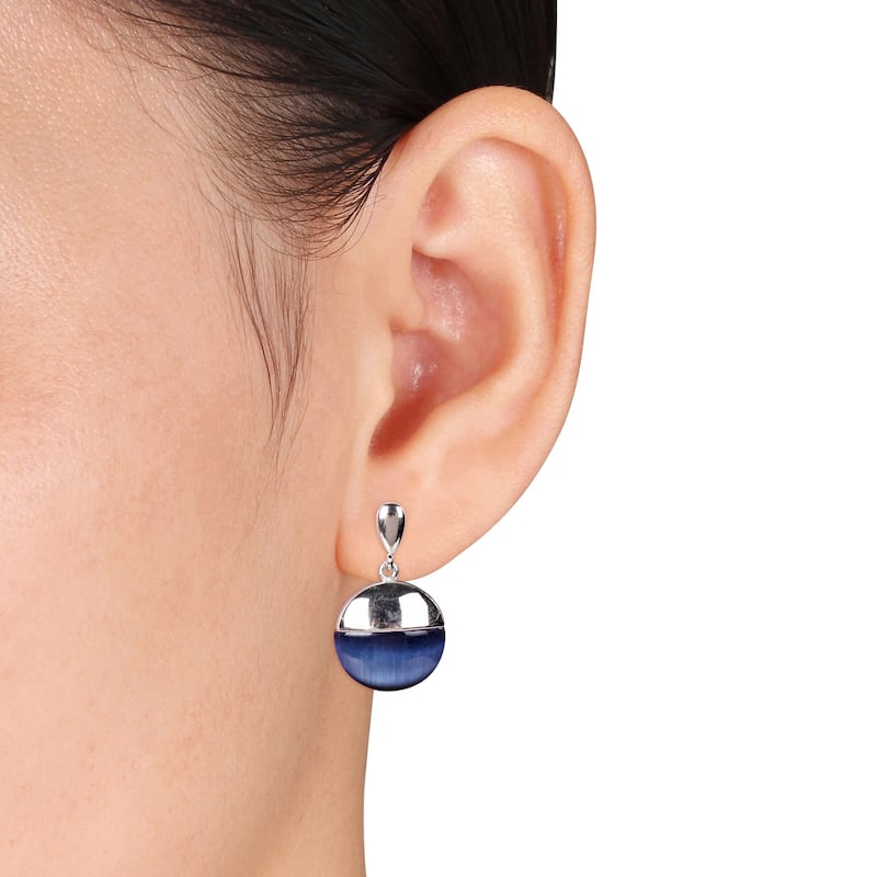 Miadora Simulated Blue Cat Eye Domed Drop Earrings in Sterling Silver
