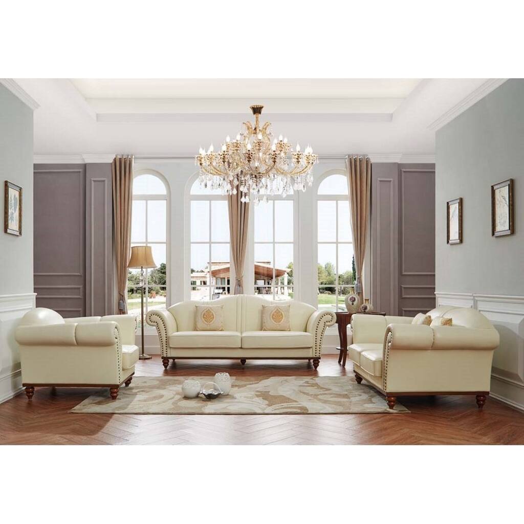 Luca Home Off-White Leather 3-Piece Living Room Set