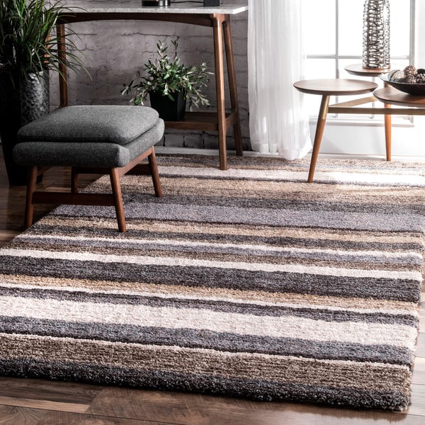 nuLOOM Handmade Striped Soft Plush Beige Shag Rug (8' x 10') - Free ...