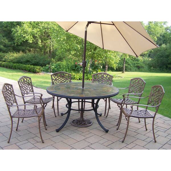 Shop Dining Set With Stone Top Table 6 Chairs Beige Umbrella And