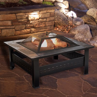 Pure Garden Bronze 32-inch Square Fire Pit with Marble Tile Edge - 32 x 32 x 18