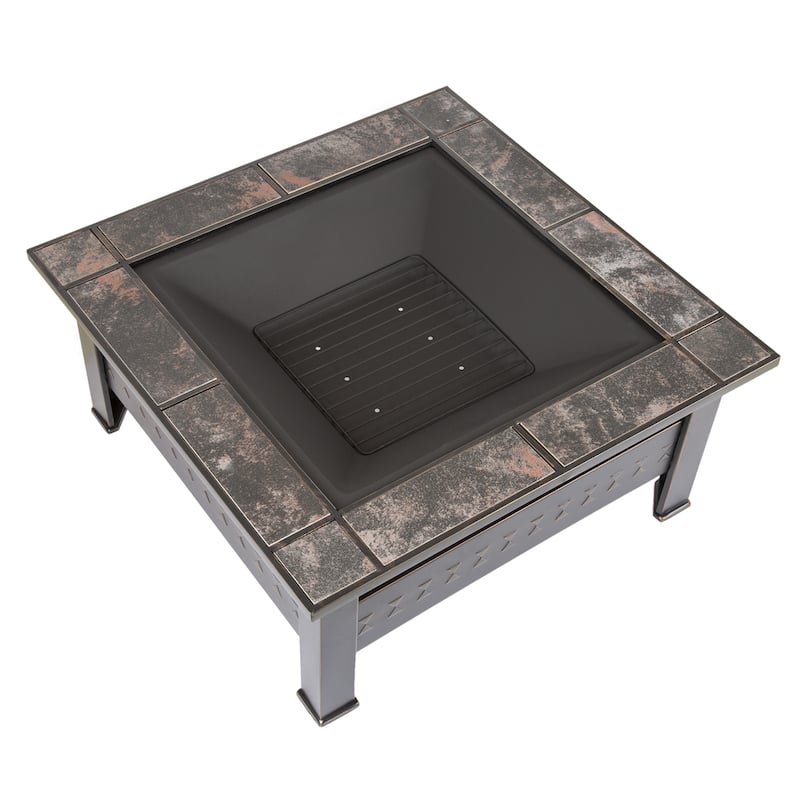Pure Garden Bronze 32-inch Square Fire Pit with Marble Tile Edge - 32 x 32 x 18