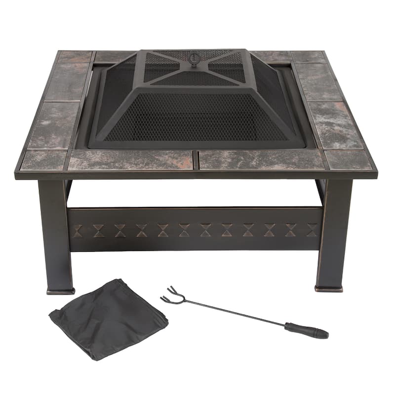 Pure Garden Bronze 32-inch Square Fire Pit with Marble Tile Edge - 32 x 32 x 18
