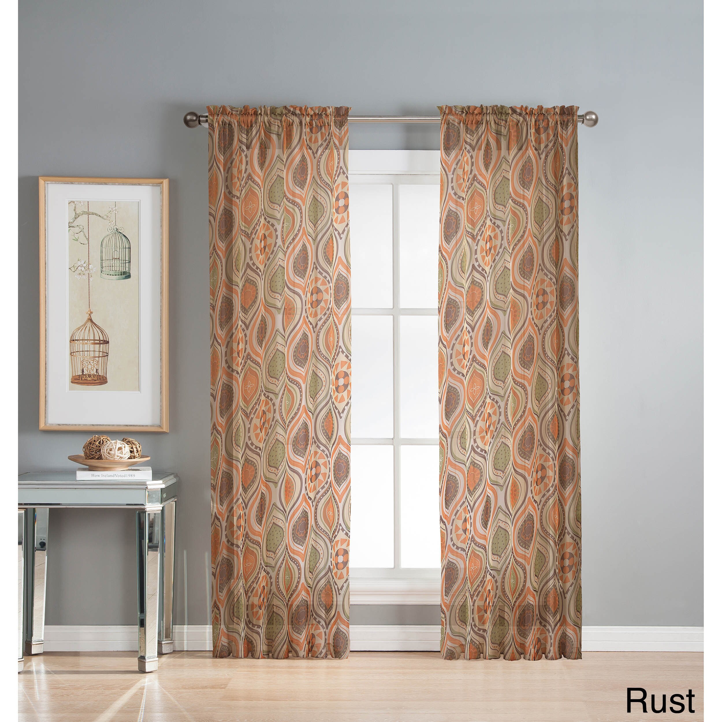54 x 96 in Single Window Elements Olina Printed Sheer Extra Wide Grommet Curtain Panel Rust 54 x 96 in Single Window Elements Olina Printed Sheer Extra Wide Grommet Curtain Panel Rust