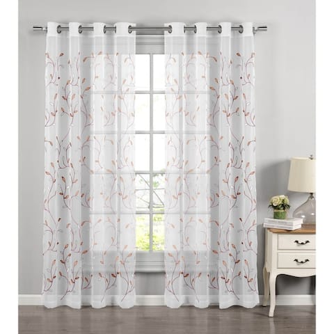 Wavy Leaves Embroidered Sheer Extra Wide 84-inch Grommet Curtain Panel - 54 x 84 - 54 x 84