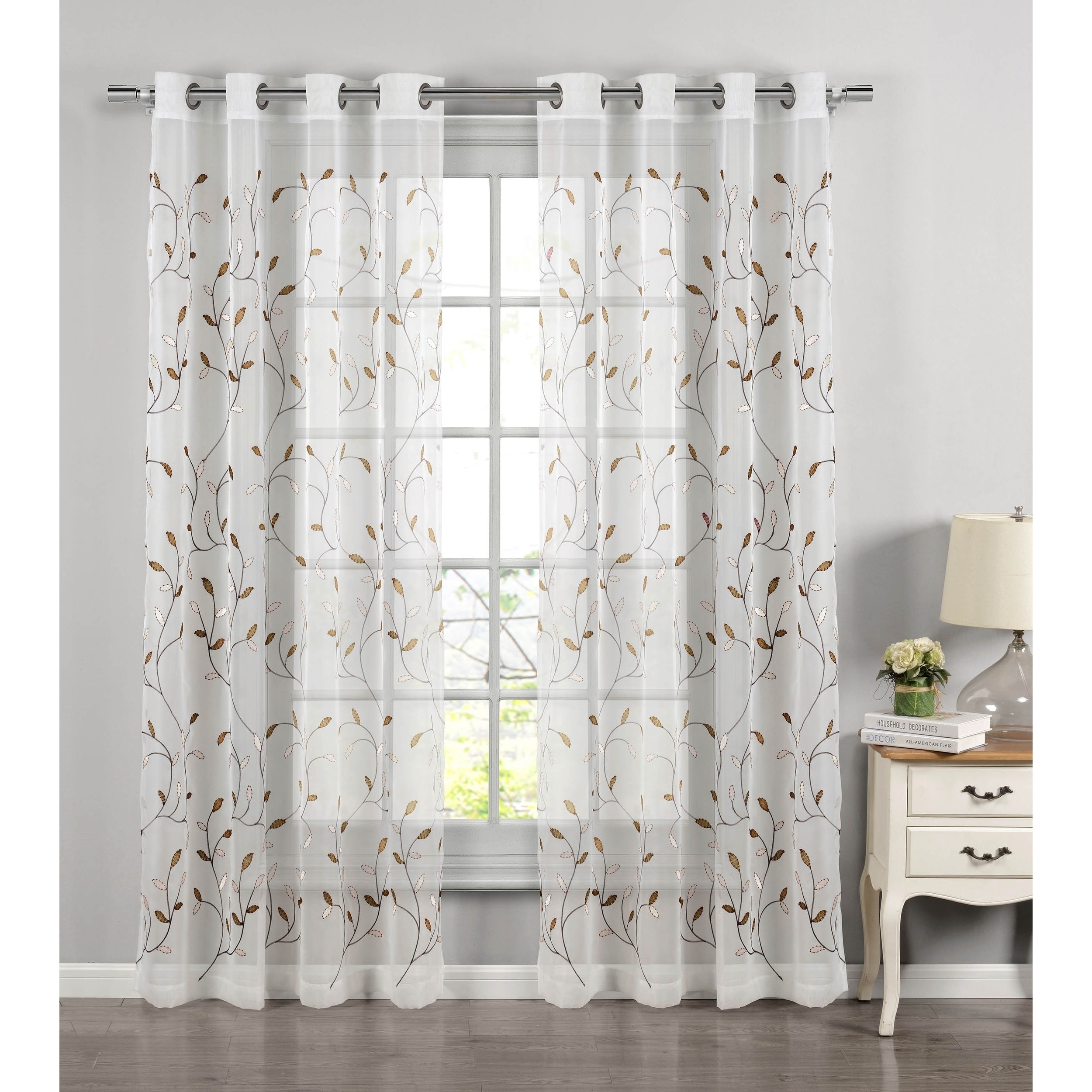 Wavy Leaves Embroidered Sheer Extra Wide 84-inch Grommet Curtain