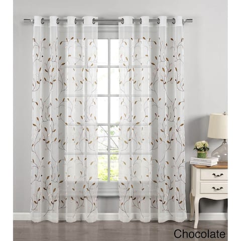 Wavy Leaves Embroidered Sheer Extra Wide 84-inch Grommet Curtain Panel - 54 x 84 - 54 x 84