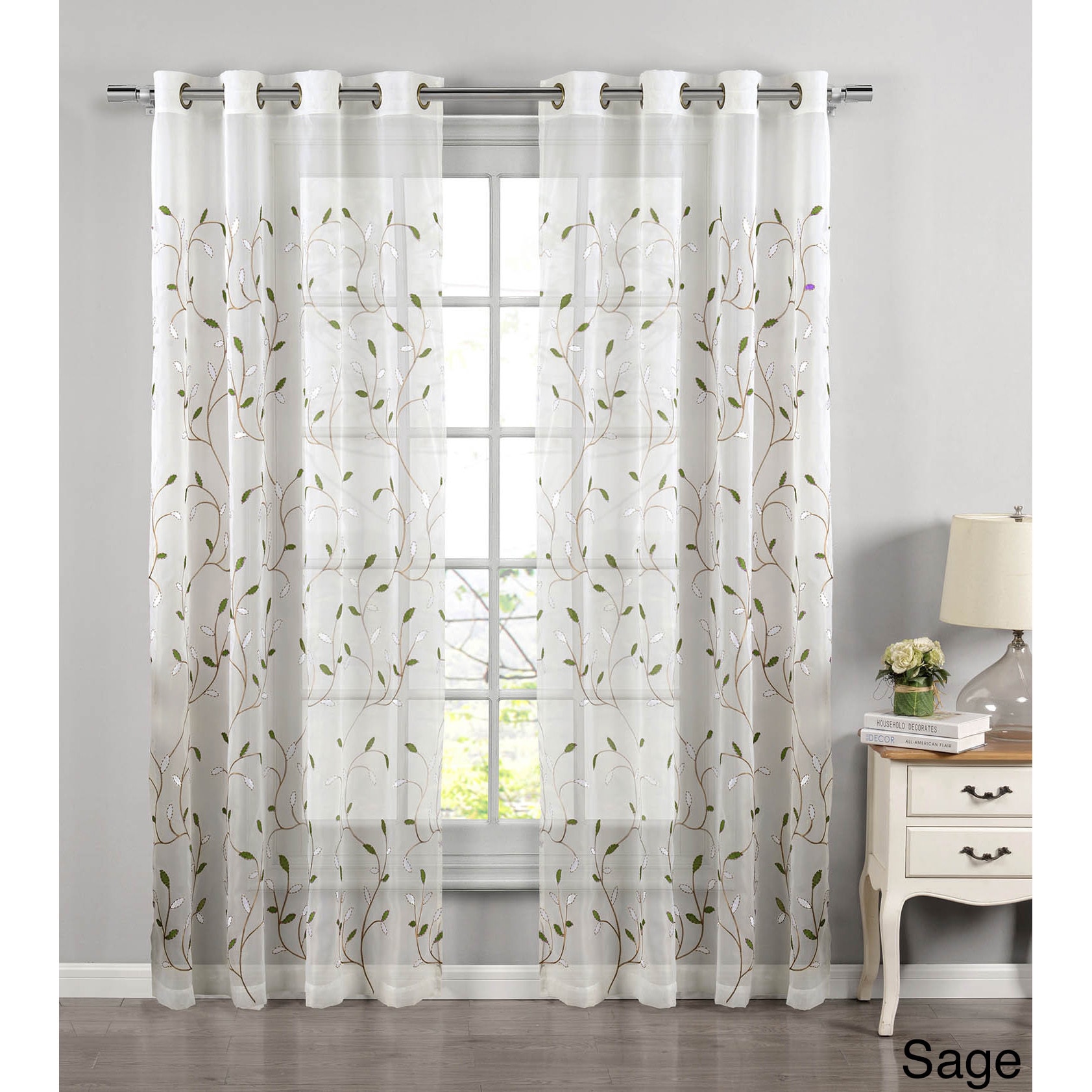 Wavy Leaves Embroidered Sheer Extra Wide 84-inch Grommet Curtain