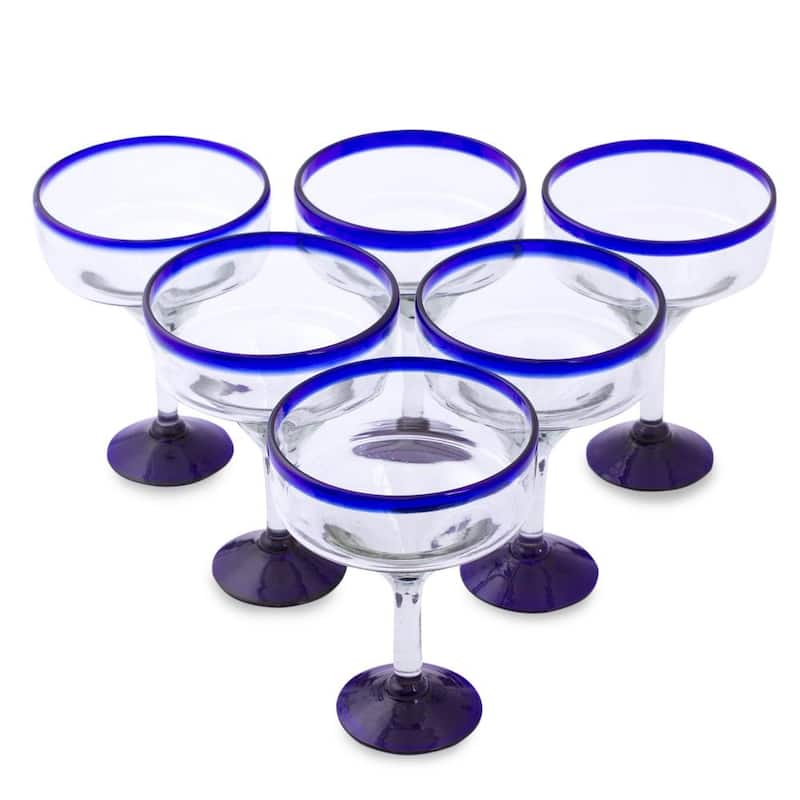 NOVICA Artisan Handblown Margarita Glasses Clear Mexico Tableware Drinkware Recycled ['Cobalt Contrasts'(Set Of 6)