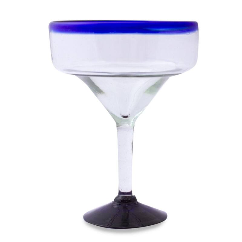 NOVICA Artisan Handblown Margarita Glasses Clear Mexico Tableware Drinkware Recycled ['Cobalt Contrasts'(Set Of 6)