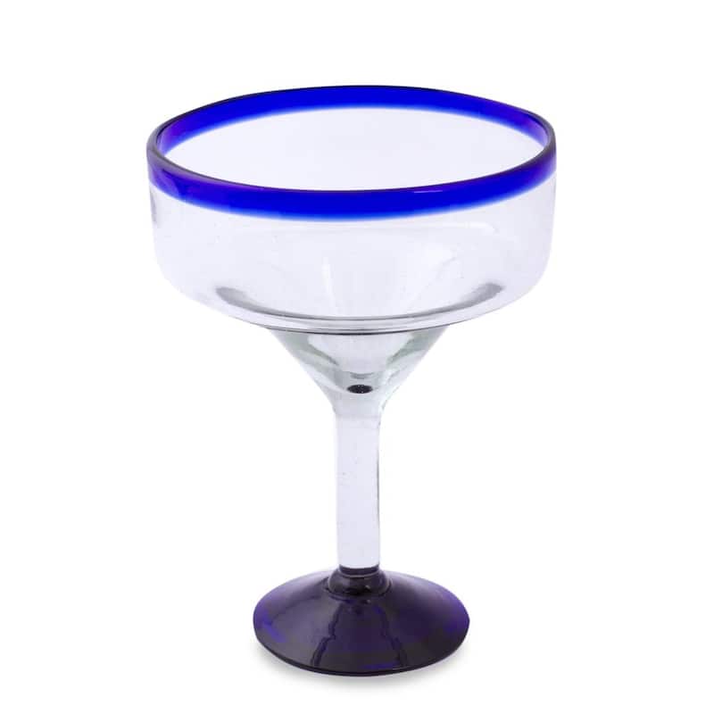 NOVICA Artisan Handblown Margarita Glasses Clear Mexico Tableware Drinkware Recycled ['Cobalt Contrasts'(Set Of 6)