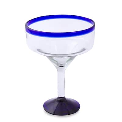 NOVICA Artisan Handblown Margarita Glasses Clear Mexico Tableware Drinkware Recycled ['Cobalt Contrasts'(Set Of 6)