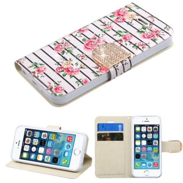 Insten Pink/ White Fresh Roses Leather Case Cover with Stand/ Wallet Flap Pouch/ Diamond For Apple iPhone 5/ 5S/ SE