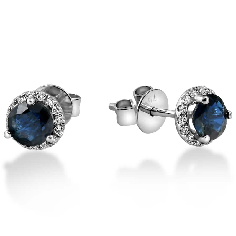 18k White Gold 1 ct TDW Diamond Blue Sapphire Halo Studs (F-G,SI1-SI2)