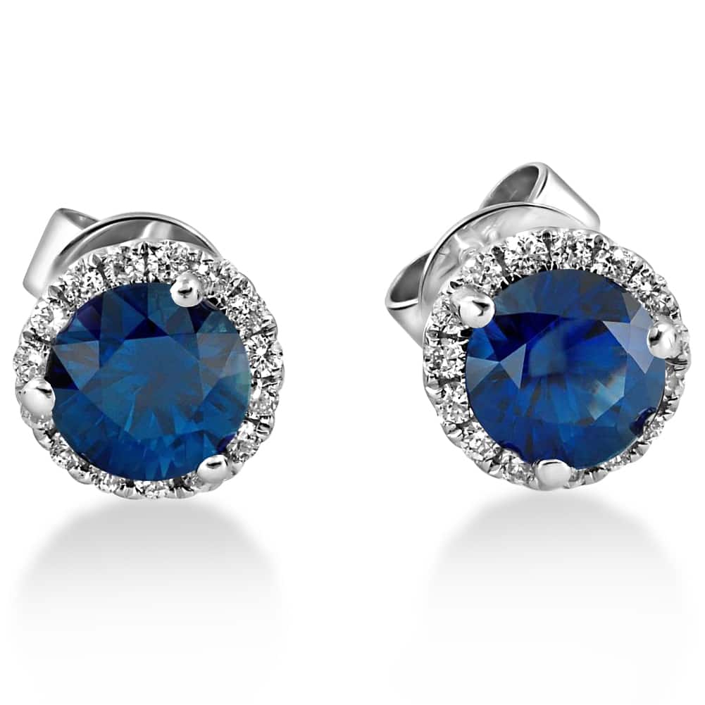 Bliss Diamond 18k White Gold 1 ct TDW Diamond Blue Sapphire Halo Studs (F-G,SI1-SI2)