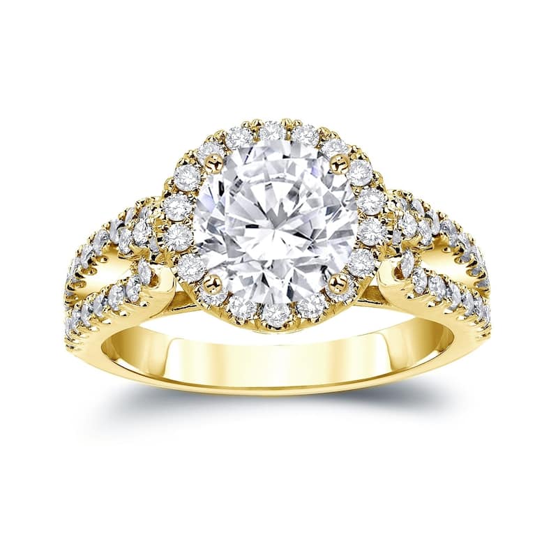 Auriya Round 2 1/3ctw Halo Diamond Engagement Ring 14k Gold Certified (H-I, SI1-SI2) - 4 - Yellow