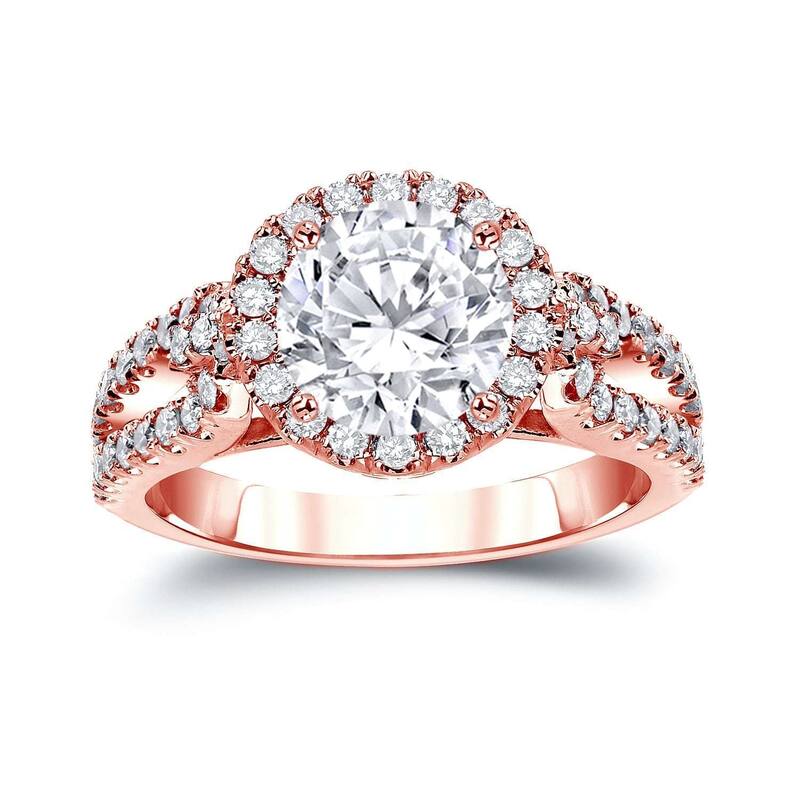 Auriya Round 2 1/3ctw Halo Diamond Engagement Ring 14k Gold Certified (H-I, SI1-SI2) - 4 - Rose