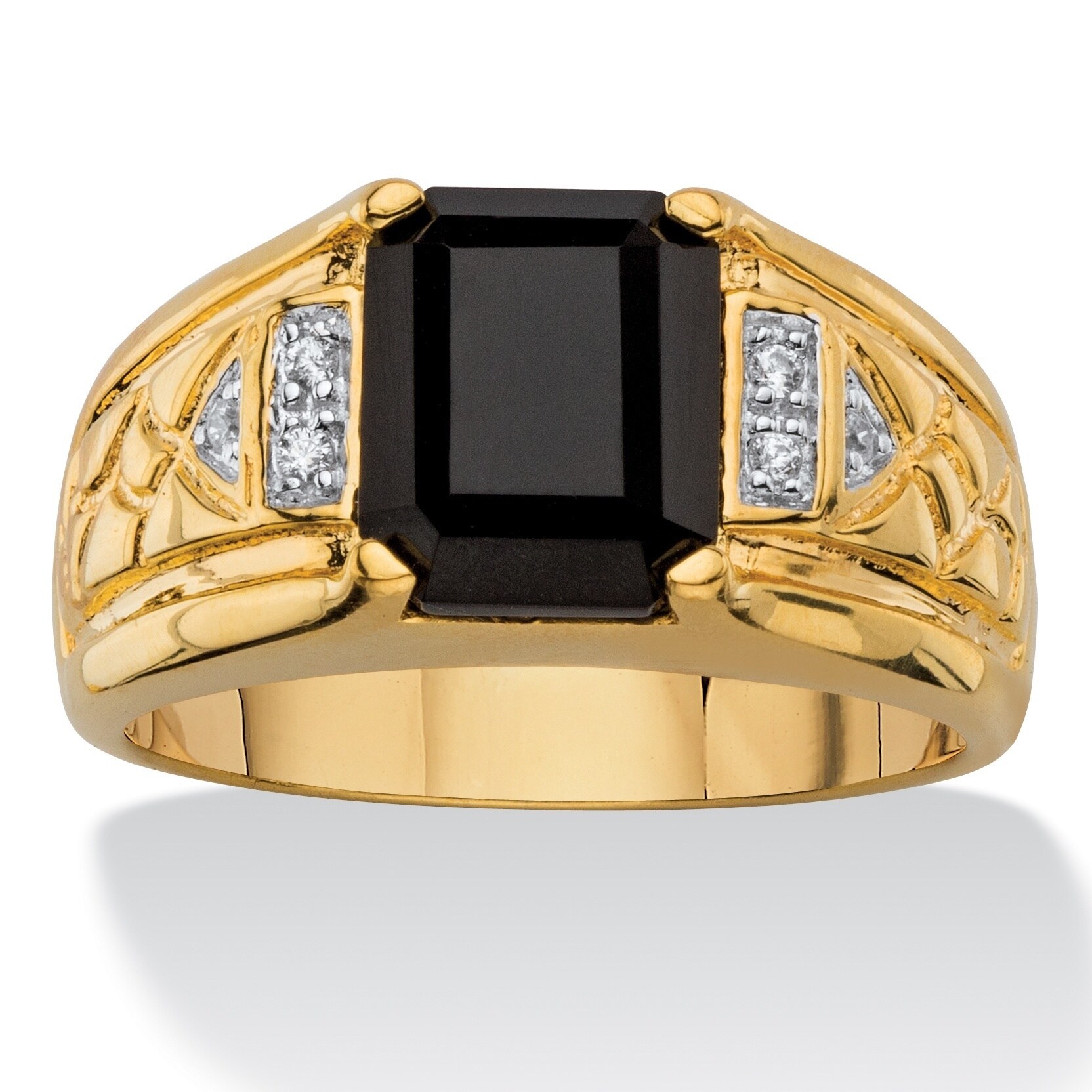 Men S Emerald Cut Faceted Genuine Black Onyx And Diamond Accent Etched Ring 18k Goldplated On Sale Overstock