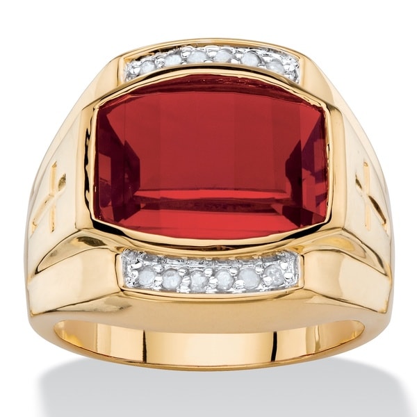 Men's 5 5/8ct TCW Cushion-cut Lab Created Red Ruby and Diamond Ring 18k Yellow Goldplated