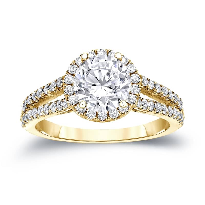 Auriya 1 1/3ctw Round Halo Diamond Engagement Ring 14k Gold Certified (H-I, SI1-SI2) - 4 - Yellow