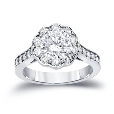 Auriya 1 3/4ctw Round Halo Diamond Engagement Ring 14K Gold Certified H-I, SI1-SI2