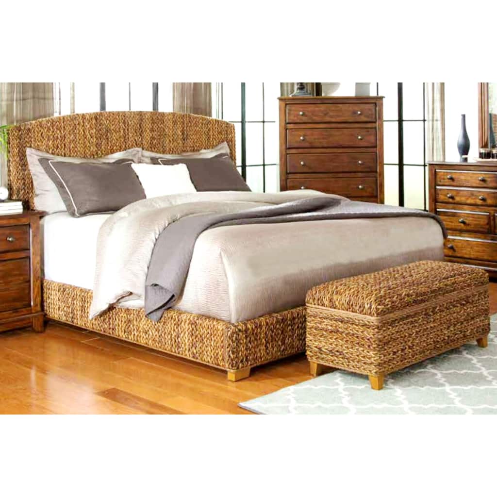 Modern Country Style Hand Woven Banana Leaf Bed with Storage Ottoman Bench