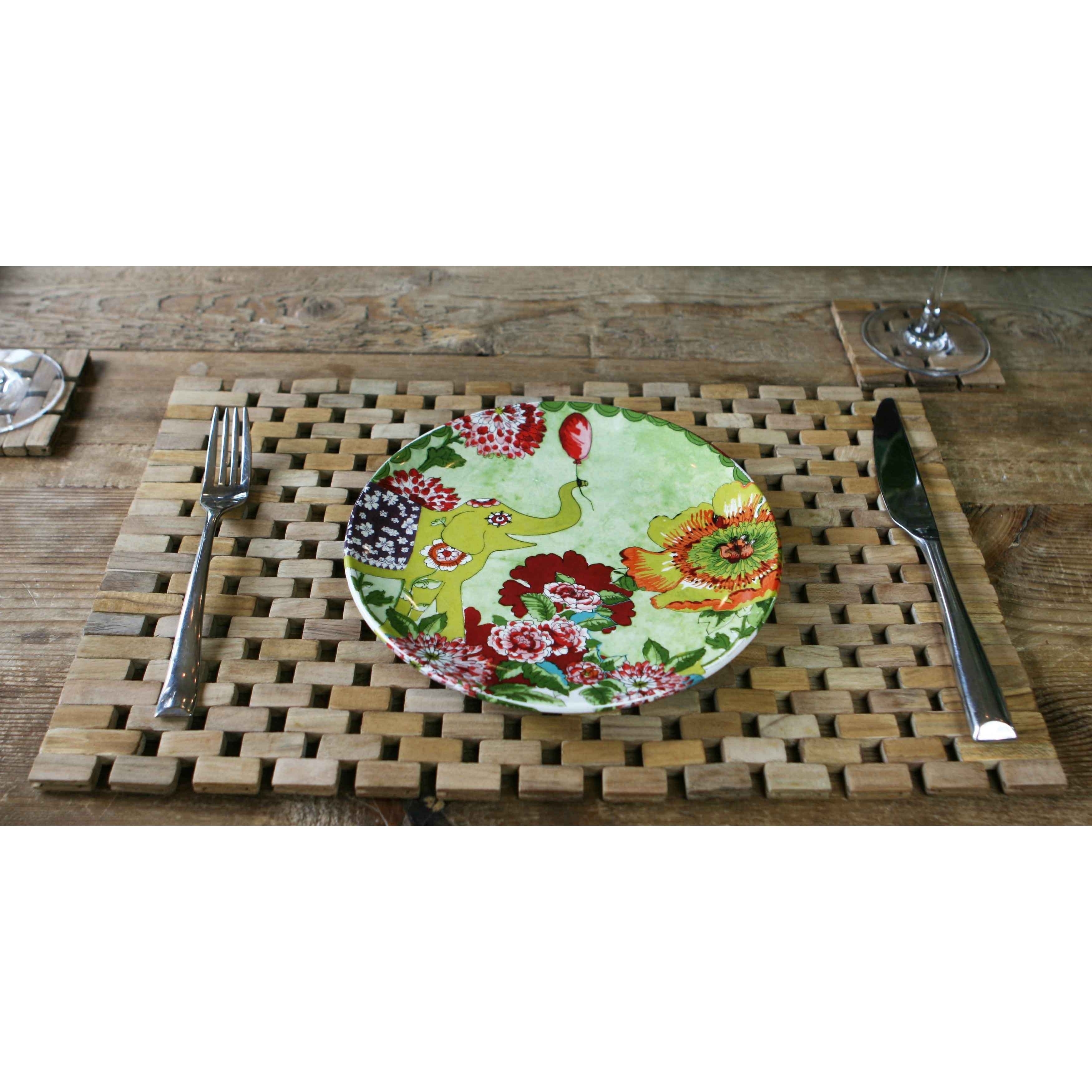 Teak Wood Placemats Set (2) Round Intricate Small Varied Patterns