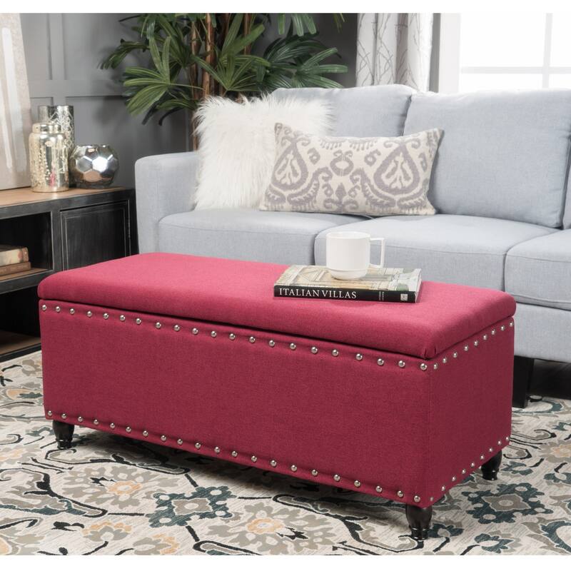 Tatiana Contemporary Fabric Storage Ottoman with Nailhead Trim by Christopher Knight Home - Deep Red