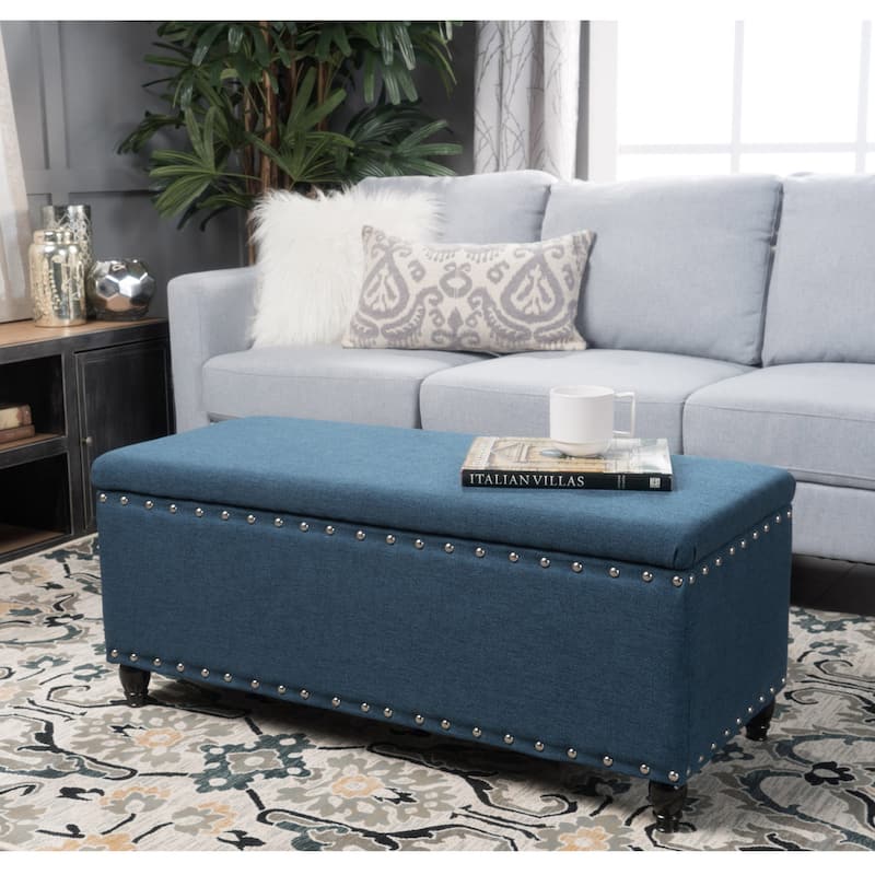 Tatiana Contemporary Fabric Storage Ottoman with Nailhead Trim by Christopher Knight Home - Navy Blue