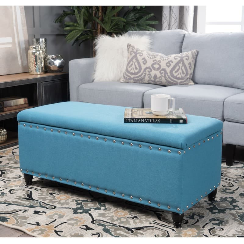 Tatiana Contemporary Fabric Storage Ottoman with Nailhead Trim by Christopher Knight Home - Teal