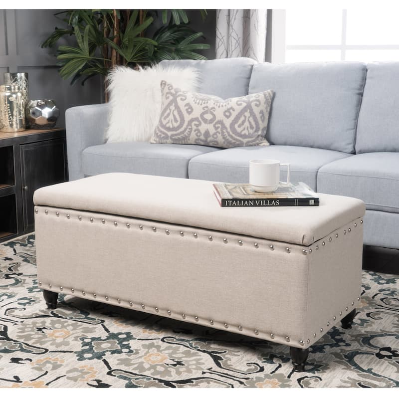 Tatiana Contemporary Fabric Storage Ottoman with Nailhead Trim by Christopher Knight Home - Wheat