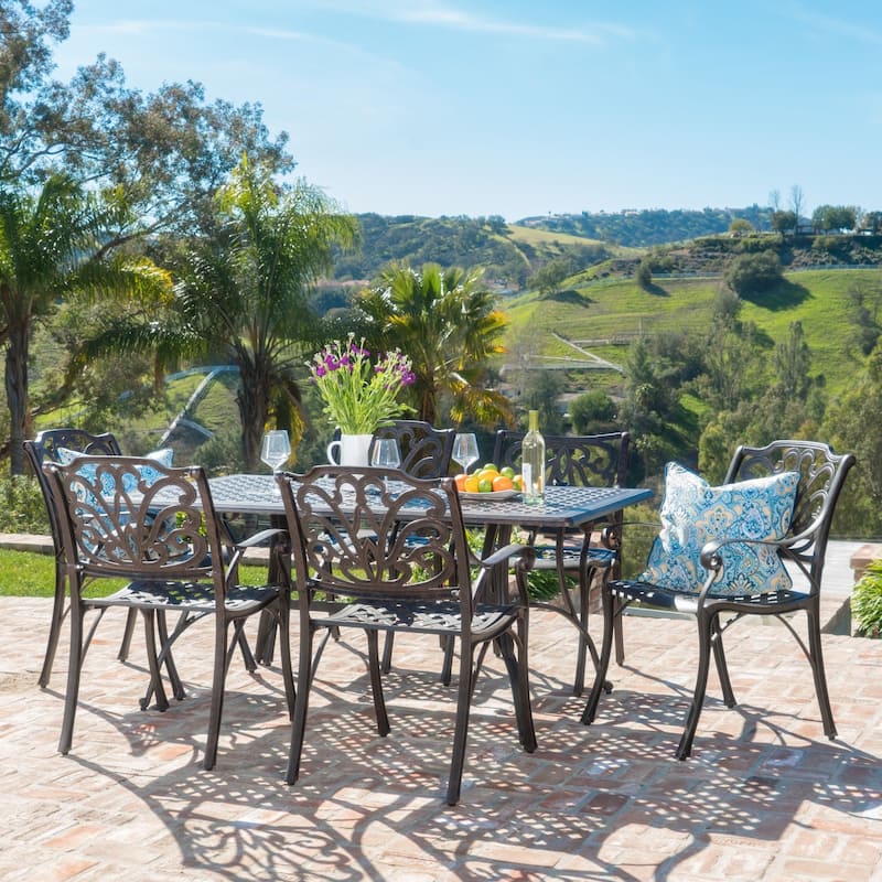 Alfresco Outdoor 7-piece Cast Aluminum Rectangle Dining Set by Christopher Knight Home - N/A - Bronze