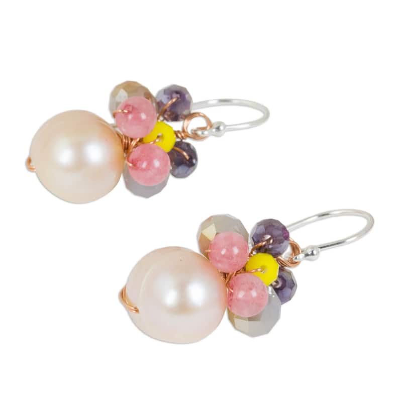 Handcrafted Sterling Silver 'Butterfly Party in Pink' Cultured Pearl Quartz Earrings (10 mm) (Thailand) - 1.3*0.5