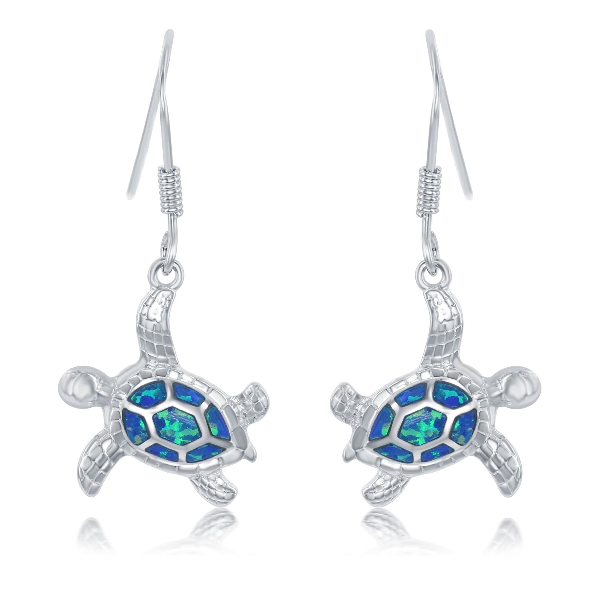 Silver and blue goldstone gemstone turtle charm earrings adorned with tiny dangling blue Czech glass beads.