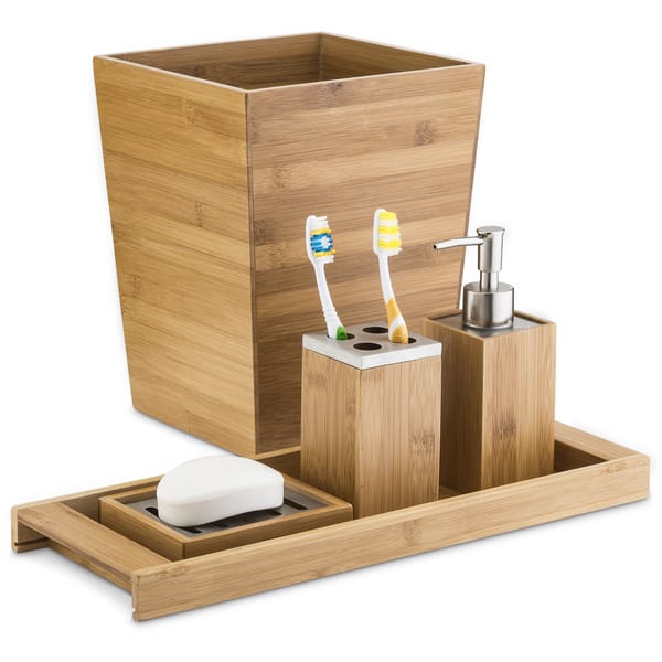 Hastings Home 5-PC Bamboo Bathroom Accessories Set - Brown