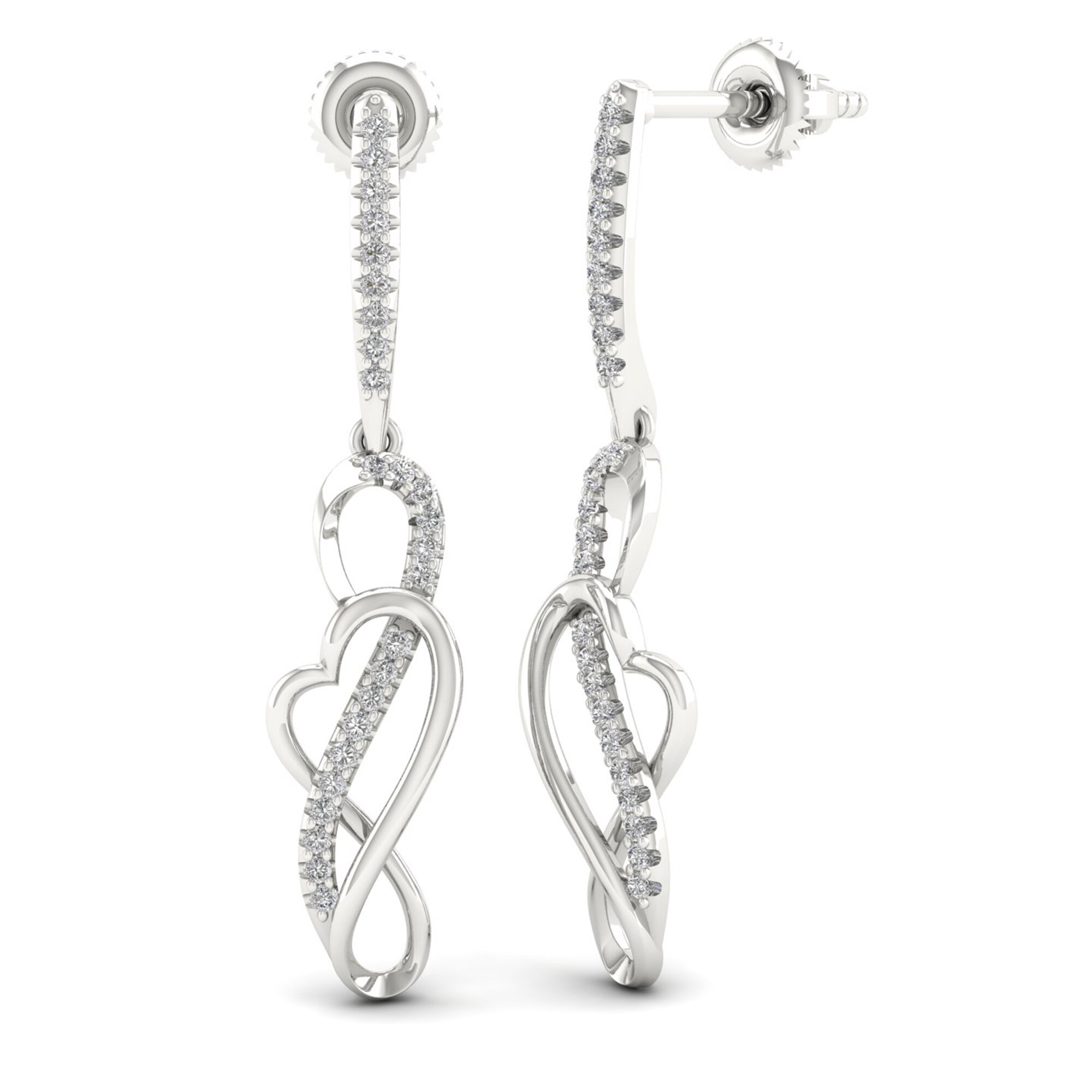 Diamond Heart Dangle Earrings 1//4ct 925 Sterling Silver