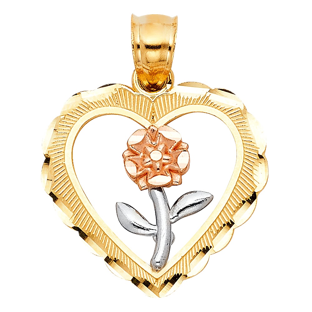 10k Yellow Gold CZ Heart /& Flower Pendant