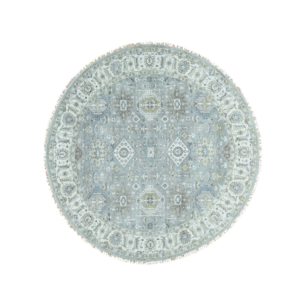 Shahbanu Rugs Pure Wool Round Handmade Silver Wash Karajeh Oriental Rug