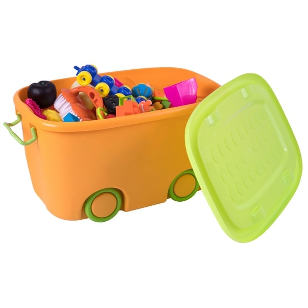 60CM Children Pink Lid DINO 45L Plastic Kids Toy Box on Wheels Storage Chest 