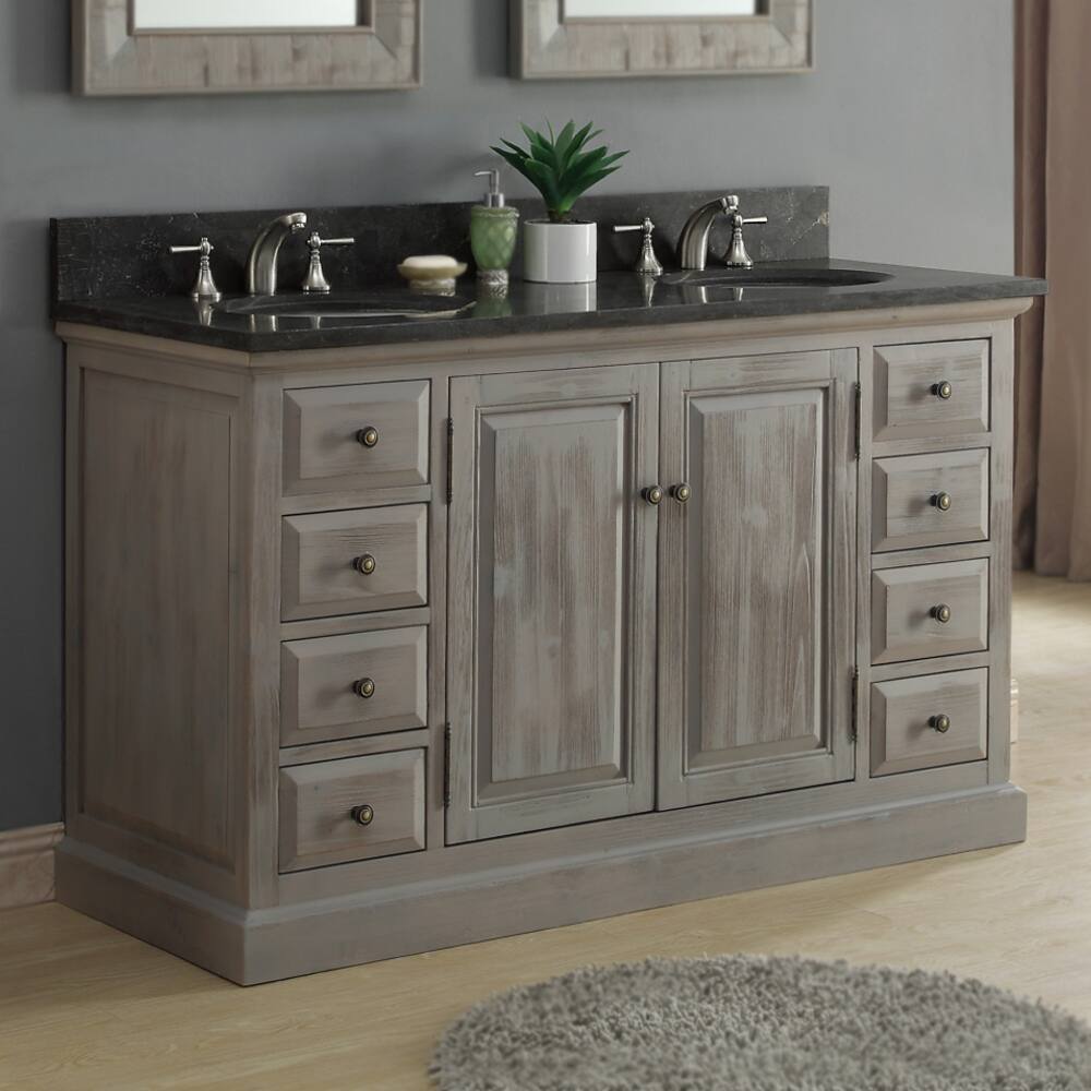 Infurniture Rustic 60-inch Dark Limestone Double Sink Bathroom Vanity