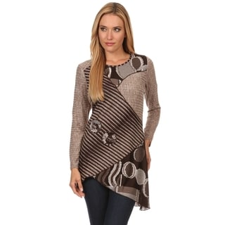 High Secret Womens Brown Striped Patchwork Long,sleeve Asymmetrical,hem Tunic Top