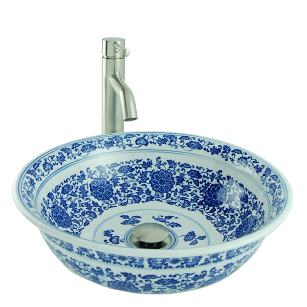 Painted Round Porcelain Vessel Sink In Blue And White With Painted Round Porcelain Vessel Sink In Blue And White With Faucet Drain