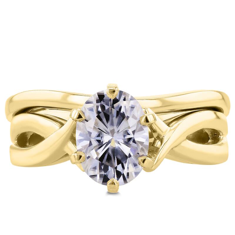 Annello by Kobelli 14k Yellow Gold Oval 1 1/2ct Forever One DEF Moissanite Solitaire Bridal Set