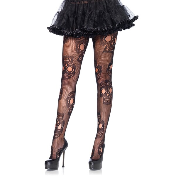 Leg Avenue Women's Black Spandex Blend Plus Size Sugar Skull Net Pantyhose