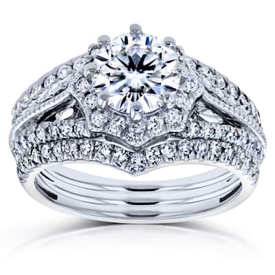 Annello by Kobelli 14k White Gold 1 5/8ct TCW Forever One DEF Moissanite and Diamond Star Halo 3-Ring Bridal Set (H-I, I1-I2)