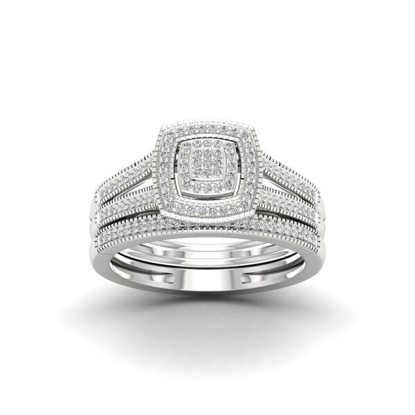1/4ct TDW Diamond Cluster Halo Bridal Set in Sterling Silver