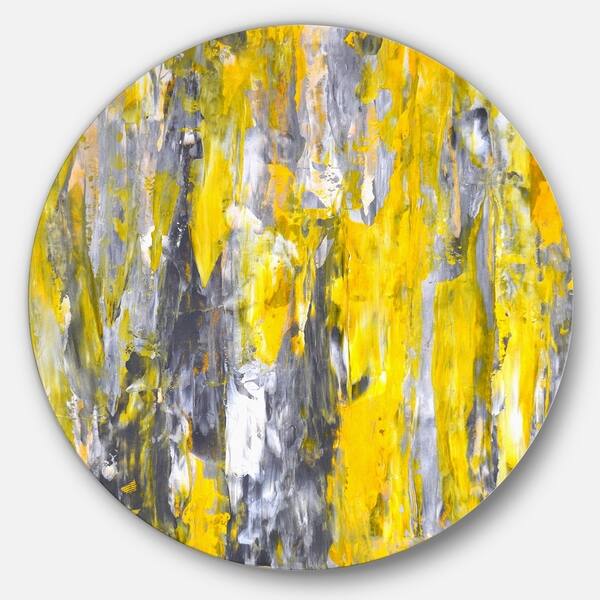 slide 1 of 10, Designart 'Grey and Yellow Abstract Pattern' Abstract Glossy Large Circle Metal Wall Art 23 x 23 - disc of 23 inch