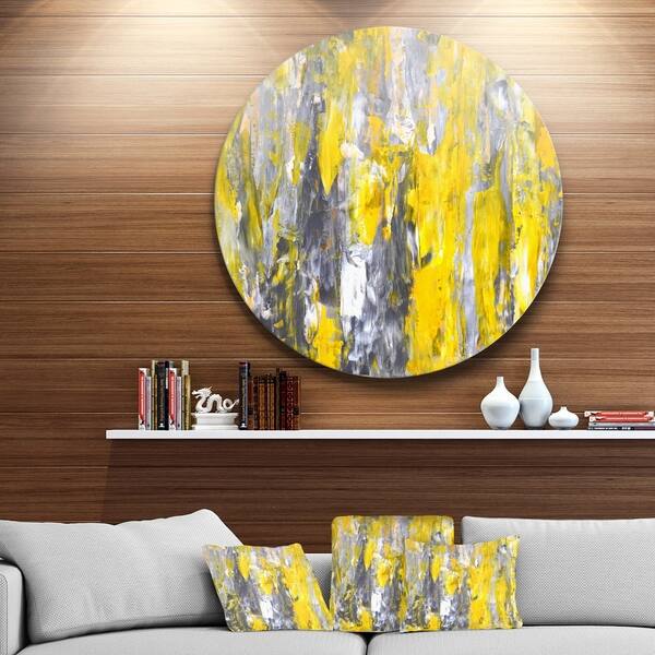 dimension image slide 1 of 4, Designart 'Grey and Yellow Abstract Pattern' Abstract Glossy Large Circle Metal Wall Art
