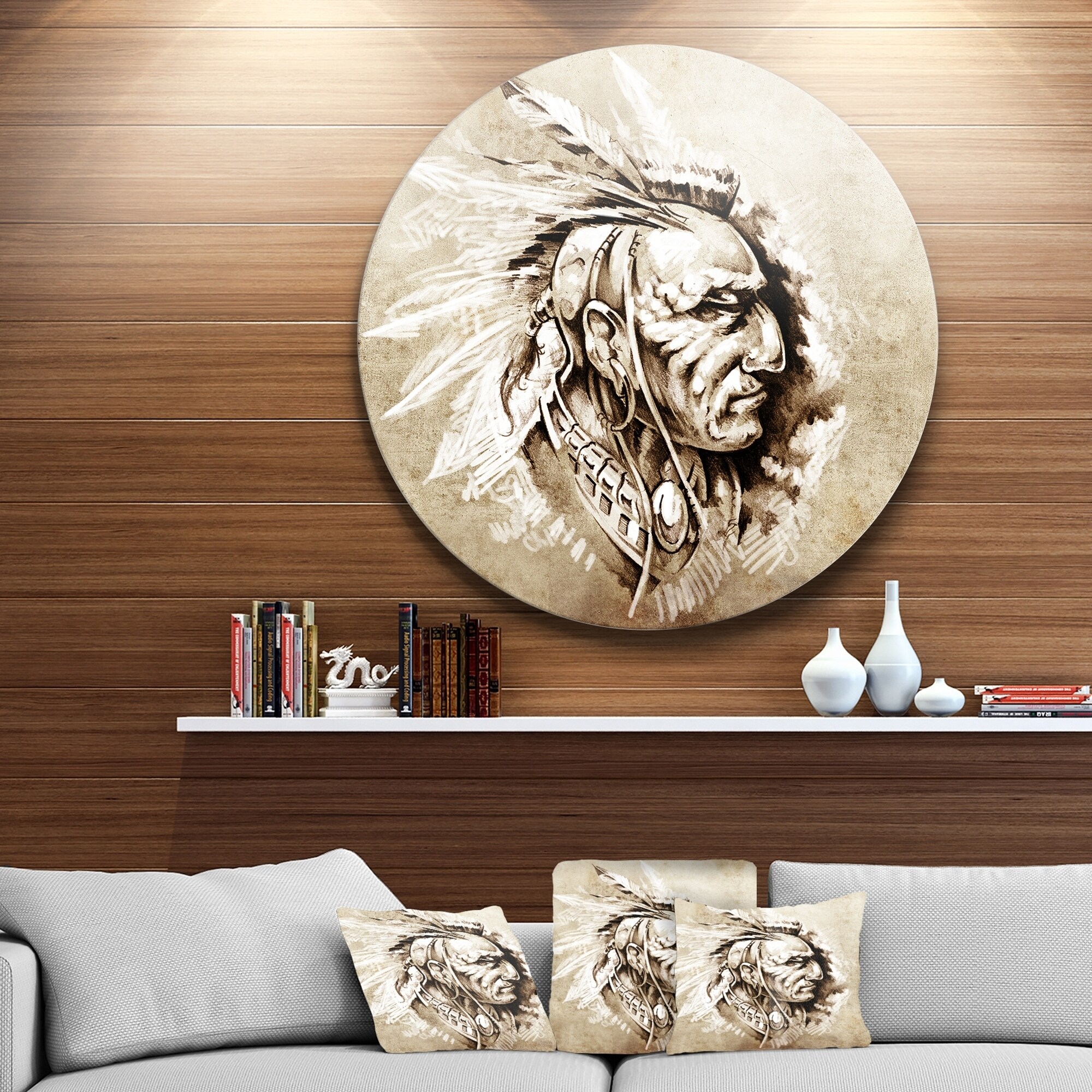 American Indian Illustration Portrait Glossy Large Disk Metal Wall Art