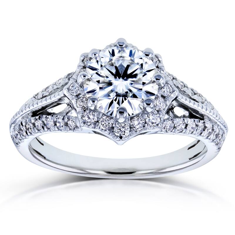 Annello by Kobelli 14k White Gold Forever One DEF Moissanite and 1/3ct TDW Diamond Star Halo Ring (H-I, I1-I2)
